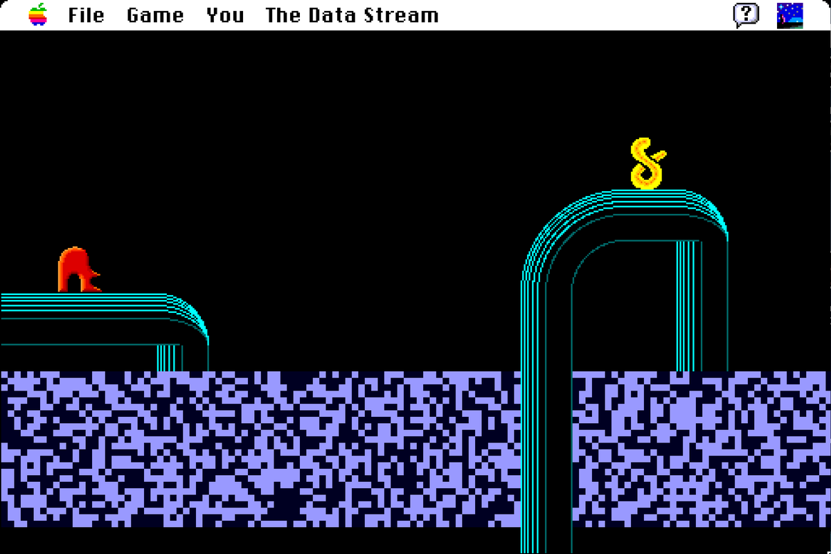 The player chats with another character above a digital river, "The Data Stream".