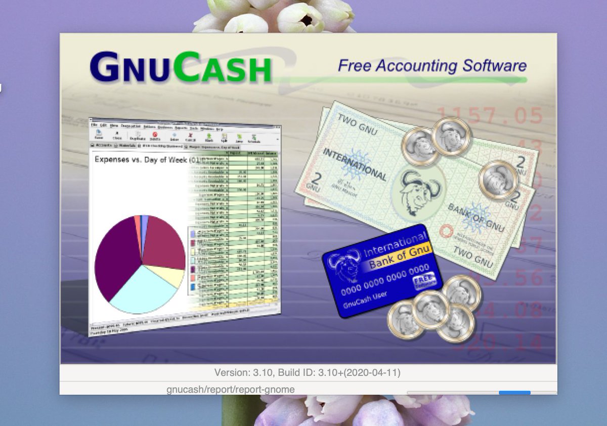The splash screen for GnuCash showing charts and various types of money.
