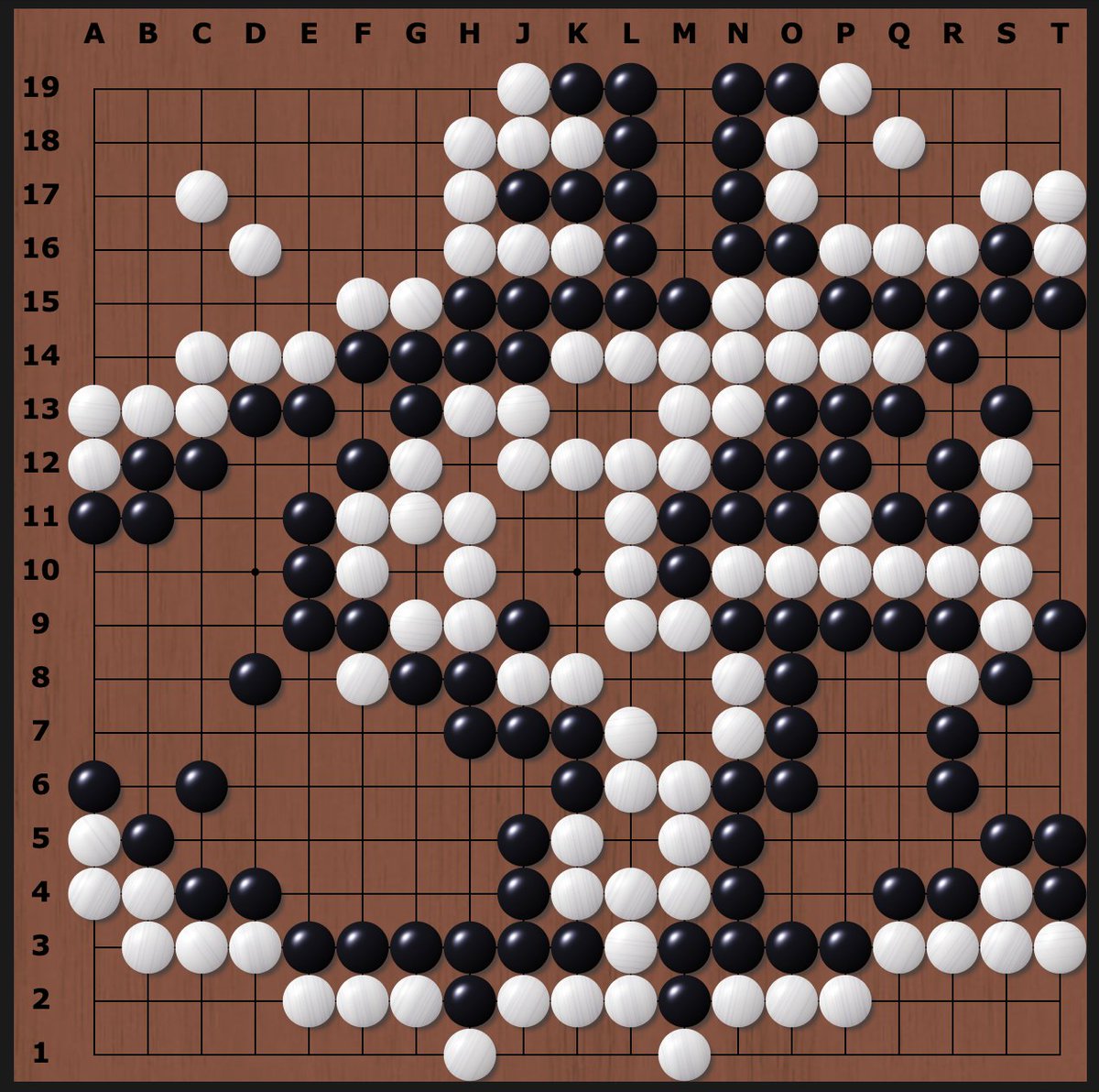 A finished Go game. W occupies the corners and has invaded B's large center from the bottom.