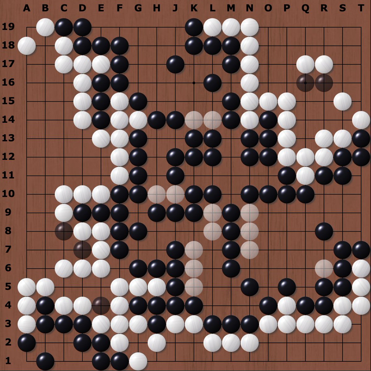 A completed Go game with dead stones marked.