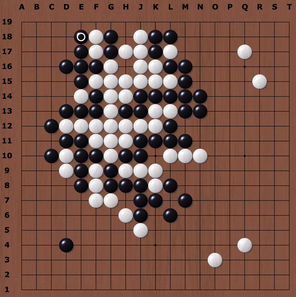 A finished Go game with the final move marked.