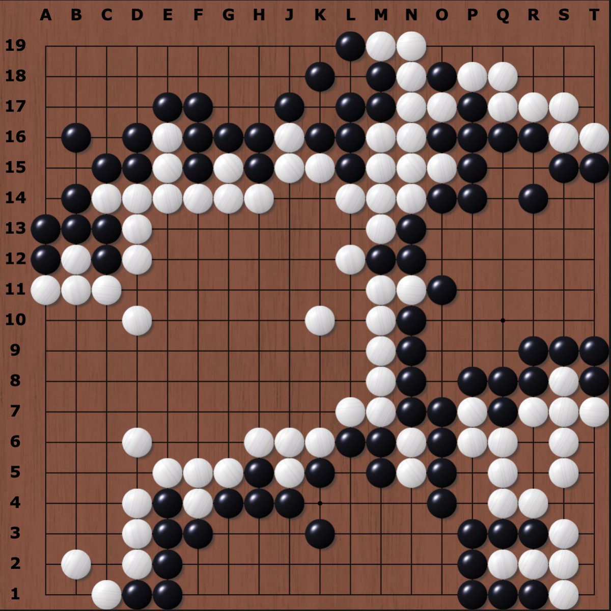 A completed Go game with lots of empty space on the board.
